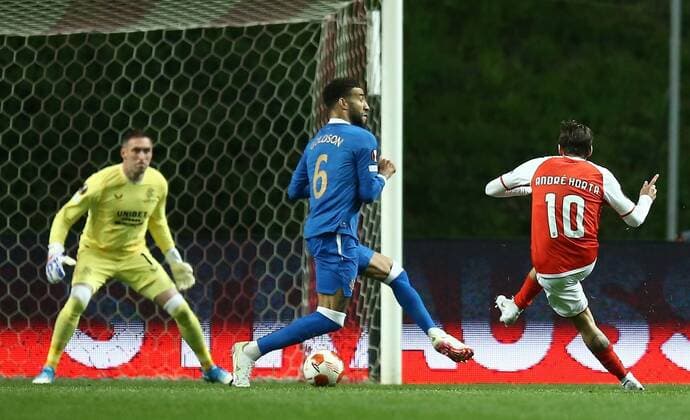 Mandatory Credit: Photo by Michael Zemanek Shutterstock (12885087p) Andre Horta of Braga goal is disallowed Braga v Rangers, UEFA Europa League, Quarter Final, First Leg, Football, Estadio Municipal de Braga, Braga, Portugal - 07 Apr 2022 EDITORIAL USE ONLY No use with unauthorised audio, video, data, fixture lists, club league logos or live services. Online in-match use limited to 120 images, no video emulation. No use in betting, games or single club league player publications. Braga v Rangers, UEFA Europa League, Quarter Final, First Leg, Football, Estadio Municipal de Braga, Braga, Portugal - 07 Apr 2022 EDITORIAL USE ONLY No use with unauthorised audio, video, data, fixture lists, club league logos or live services. Online in-match use limited to 120 images, no video emulation. No use in betting, games or single club league player publications. Copyright: xMichaelxZemanek Shutterstockx 12885087p