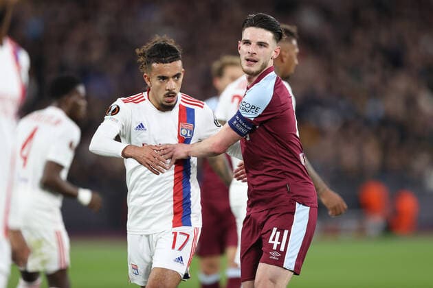 West Ham v Lyon 6 April 2022, London - EUROPA League Football, Quarter-Finals, First Leg - West Ham v Olympique Lyonnais - Malo Gusto of Lyon and Declan Rice of West Ham - Photo: Charlotte Wilson Offside. London UK Copyright: xCharlottexWilsonx xOffsidexOffside