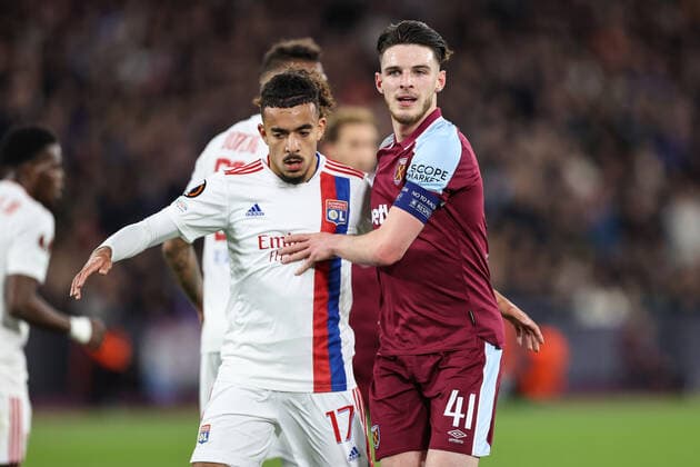 West Ham v Lyon 6 April 2022, London - EUROPA League Football, Quarter-Finals, First Leg - West Ham v Olympique Lyonnais - Malo Gusto of Lyon and Declan Rice of West Ham - Photo: Charlotte Wilson Offside. London UK Copyright: xCharlottexWilsonx xOffsidexOffside