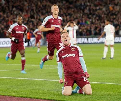 West Ham United v Olympique Lyonnais UEFA Europa League Jarrod Bowen of West Ham United celebrates scoring his sides 1st goal during the UEFA Europa League Quarter-Final First Leg match at the London Stadium, Stratford Content Not Available For UK Newspapers Copyright: xPaulxChestertonx FIL-16768-0019 UK Newspapers OUT