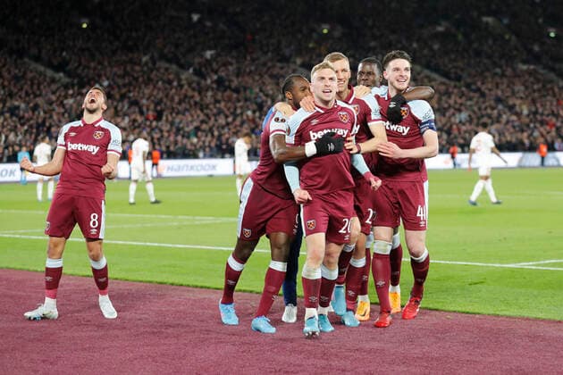 West Ham United v Olympique Lyonnais UEFA Europa League Jarrod Bowen of West Ham United celebrates scoring his sides 1st goal during the UEFA Europa League Quarter-Final First Leg match at the London Stadium, Stratford Content Not Available For UK Newspapers Copyright: xPaulxChestertonx FIL-16768-0032 UK Newspapers OUT