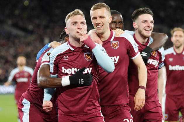 West Ham United v Olympique Lyonnais UEFA Europa League Jarrod Bowen of West Ham United celebrates scoring his sides 1st goal during the UEFA Europa League Quarter-Final First Leg match at the London Stadium, Stratford Content Not Available For UK Newspapers Copyright: xPaulxChestertonx FIL-16768-0035 UK Newspapers OUT
