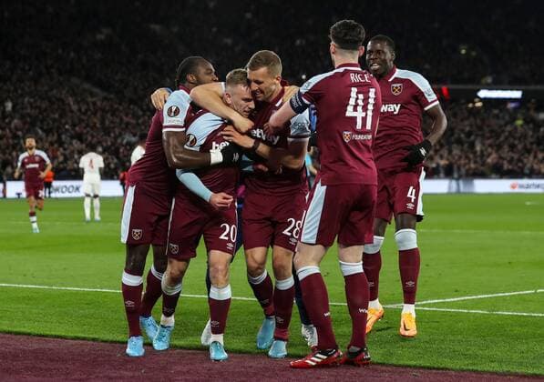 Mandatory Credit: Photo by Andrew Fosker Shutterstock (12885085ca) Jarrod Bowen of West Ham United scores and celebrates 1-0 West Ham United v Olympique Lyonnais, UEFA Europa League, Quarter Final, First Leg, Football, The London Stadium, London, UK - 07 Apr 2022 EDITORIAL USE ONLY No use with unauthorised audio, video, data, fixture lists, club league logos or live services. Online in-match use limited to 120 images, no video emulation. No use in betting, games or single club league player publications. West Ham United v Olympique Lyonnais, UEFA Europa League, Quarter Final, First Leg, Football, The London Stadium, London, UK - 07 Apr 2022 EDITORIAL USE ONLY No use with unauthorised audio, video, data, fixture lists, club league logos or live services. Online in-match use limited to 120 images, no video emulation. No use in betting, games or single club league player publications.  Copyright: xAndrewxFosker Shutterstockx 12885085ca