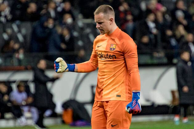 UEFA Europa League, Eintracht Frankfurt vs. FC Barcelona, Barca Deutsche Bank Park, Frankfurt, 07.04.2022 Marc-Andre ter Stegen (FC Barcelona 1) nach dem Ausgleich, Eintracht Frankfurt vs. FC Barcelona, Frankfurt, Deutsche Bank Park, 7.4.2022 Copyright: xBEAUTIFULxSPORTS Gawlikx