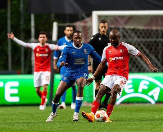 Mandatory Credit: Photo by Luke Nickerson Rangers FC Shutterstock (12885361aj) Joe Aribo of Rangers and Braga Midfielder Ali Elmusrati during the Europa League quarter final match at the Municipal Stadium, Braga. Braga v Rangers, UEFA Europa League, Quarter Final, First Leg, Football, Estadio Municipal de Braga, Braga, Portugal - 07 Apr 2022 EDITORIAL USE ONLY No use with unauthorised audio, video, data, fixture lists, club league logos or live services. Online in-match use limited to 120 images, no video emulation. No use in betting, games or single club league player publications. Braga v Rangers, UEFA Europa League, Quarter Final, First Leg, Football, Estadio Municipal de Braga, Braga, Portugal - 07 Apr 2022 EDITORIAL USE ONLY No use with unauthorised audio, video, data, fixture lists, club league logos or live services. Online in-match use limited to 120 images, no video emulation. No use in betting, games or single club league player publications. Copyright: xLukexNickerson RangersxFC Shutterstockx 12885361aj