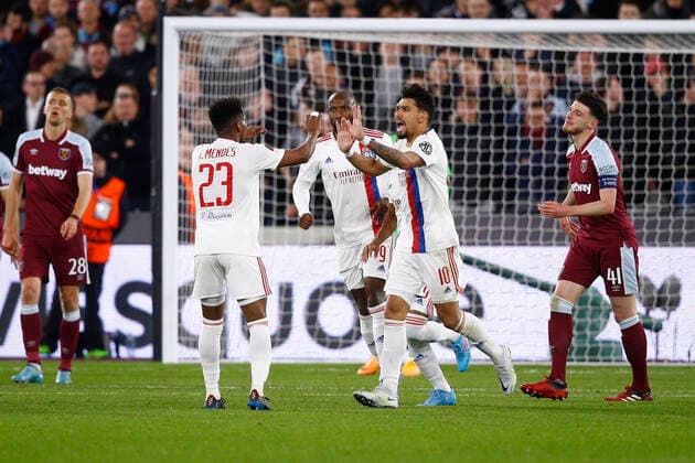 West Ham United v Olympique Lyonnais UEFA Europa League The Lyon players celebrate their side?s 1st goal scored by Moussa Dembele of Lyon during the UEFA Europa League Quarter-Final First Leg match at the London Stadium, Stratford Content Not Available For UK Newspapers Copyright: xPaulxChestertonx FIL-16768-0053 UK Newspapers OUT