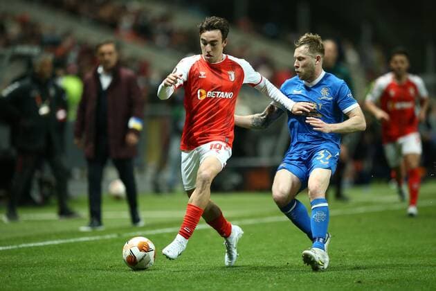 Mandatory Credit: Photo by Michael Zemanek Shutterstock (12885087as) Andre Horta of Sporting Braga competes for the ball with Scott Arfield of Rangers Braga v Rangers, UEFA Europa League, Quarter Final, First Leg, Football, Estadio Municipal de Braga, Braga, Portugal - 07 Apr 2022 EDITORIAL USE ONLY No use with unauthorised audio, video, data, fixture lists, club league logos or live services. Online in-match use limited to 120 images, no video emulation. No use in betting, games or single club league player publications. Braga v Rangers, UEFA Europa League, Quarter Final, First Leg, Football, Estadio Municipal de Braga, Braga, Portugal - 07 Apr 2022 EDITORIAL USE ONLY No use with unauthorised audio, video, data, fixture lists, club league logos or live services. Online in-match use limited to 120 images, no video emulation. No use in betting, games or single club league player publications. Copyright: xMichaelxZemanek Shutterstockx 12885087as