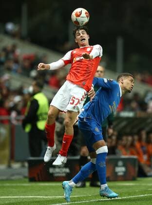 Mandatory Credit: Photo by Michael Zemanek Shutterstock (12885087az) Martins Gomes of Sporting Braga competes for the ball with James Tavernier of Rangers Braga v Rangers, UEFA Europa League, Quarter Final, First Leg, Football, Estadio Municipal de Braga, Braga, Portugal - 07 Apr 2022 EDITORIAL USE ONLY No use with unauthorised audio, video, data, fixture lists, club league logos or live services. Online in-match use limited to 120 images, no video emulation. No use in betting, games or single club league player publications. Braga v Rangers, UEFA Europa League, Quarter Final, First Leg, Football, Estadio Municipal de Braga, Braga, Portugal - 07 Apr 2022 EDITORIAL USE ONLY No use with unauthorised audio, video, data, fixture lists, club league logos or live services. Online in-match use limited to 120 images, no video emulation. No use in betting, games or single club league player publications. Copyright: xMichaelxZemanek Shutterstockx 12885087az