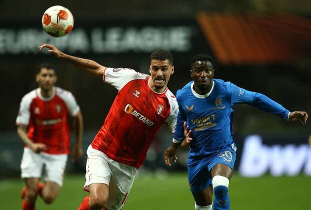Mandatory Credit: Photo by Michael Zemanek Shutterstock (12885087bs) David Carmo of Sporting Braga and Fashion Sakala of Rangers Braga v Rangers, UEFA Europa League, Quarter Final, First Leg, Football, Estadio Municipal de Braga, Braga, Portugal - 07 Apr 2022 EDITORIAL USE ONLY No use with unauthorised audio, video, data, fixture lists, club league logos or live services. Online in-match use limited to 120 images, no video emulation. No use in betting, games or single club league player publications. Braga v Rangers, UEFA Europa League, Quarter Final, First Leg, Football, Estadio Municipal de Braga, Braga, Portugal - 07 Apr 2022 EDITORIAL USE ONLY No use with unauthorised audio, video, data, fixture lists, club league logos or live services. Online in-match use limited to 120 images, no video emulation. No use in betting, games or single club league player publications. Copyright: xMichaelxZemanek Shutterstockx 12885087bs