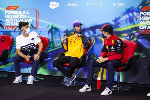 GASLY Pierre (fra), Scuderia AlphaTauri AT03, RICCIARDO Daniel (aus), McLaren F1 Team MCL36, LECLERC Charles (mco), Scuderia Ferrari F1-75, portrait, press conference, PK, Pressekonferenz during the Formula 1 Heineken Australian Grand Prix 2022, 3rd round of the 2022 FIA Formula One World Championship, WM, Weltmeisterschaft on the Albert Park Circuit, from April 8 to 10, 2022 in Melbourne, Australia - F1 - AUSTRALIAN GRAND PRIX 2022 DPPI Panoramic 00122008_GOOD4358.JPG_