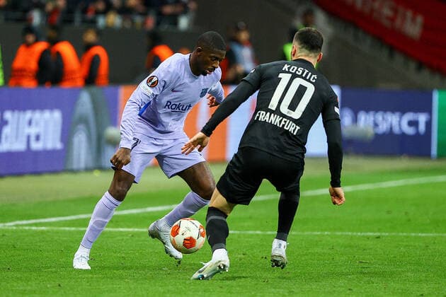 Frankfurt am Main, 07.04.2022 xjfx Fussball UEFA Europa League, Eintracht Frankfurt - FC Barcelona, Barca emspor, emonline, v.l., Ousmane Dembele (FC Barcelona), Filip Kostic (Eintracht Frankfurt) Copyright: JoaquimxFerreira