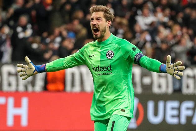 Fußball - Europa League - Viertelfinale Eintracht Frankfurt - FC Barcelona, Barca am 07.04.2022 im Deutsche Bank Park in Frankfurt Torwart Kevin Trapp (Frankfurt 1) jubelt über das Tor zum 1 zu 0 durch Ansgar Knauff (Frankfurt 36)