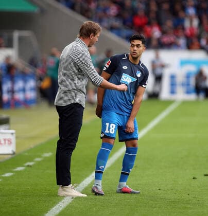 TSG 1899 Hoffenheim - FC Bayern München Deutschland, Sinsheim, 09.09.2017, 1. Fussball-Bundesliga, Saison 2017 2018, 3. Spieltag, TSG 1899 Hoffenheim - FC Bayern München (2:0): v.l. Julian Nagelsmann (Trainer TSG 1899 Hoffenheim), Nadiem Amiri (TSG 1899 Hoffenheim).