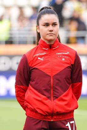 Bucharest, Romania, April 8th 2022: Svenja F?lmli (17 Switzerland) during the national anthem prior to the Womens World Cup Qualifier football match between Romania and Switzerland at Stadum Stadionul Arcul de Triumf in Bucharest, Romania. Daniela Porcelli SPP Romania v Switzerland - World Cup Qualifier - Stadionul Arcul de Triumf 