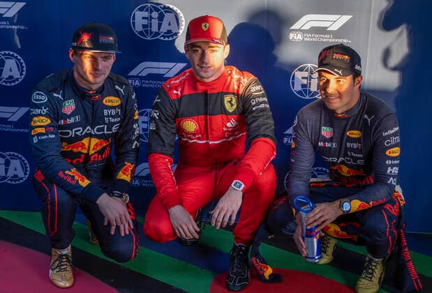 1 Max Verstappen (NLD, Oracle Red Bull Racing), 16 Charles Leclerc (MCO, Scuderia Ferrari), 11 Sergio Perez (MEX, Oracle Red Bull Racing), F1 Grand Prix of Australia at Melbourne Grand Prix Circuit on April 9, 2022 in Melbourne, Australia. (Photo by HOCH ZWEI) Melbourne Australia