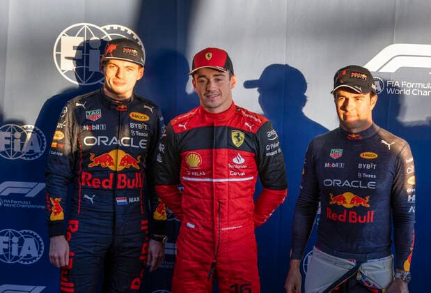 1 Max Verstappen (NLD, Oracle Red Bull Racing), 16 Charles Leclerc (MCO, Scuderia Ferrari), 11 Sergio Perez (MEX, Oracle Red Bull Racing), F1 Grand Prix of Australia at Melbourne Grand Prix Circuit on April 9, 2022 in Melbourne, Australia. (Photo by HOCH ZWEI) Melbourne Australia