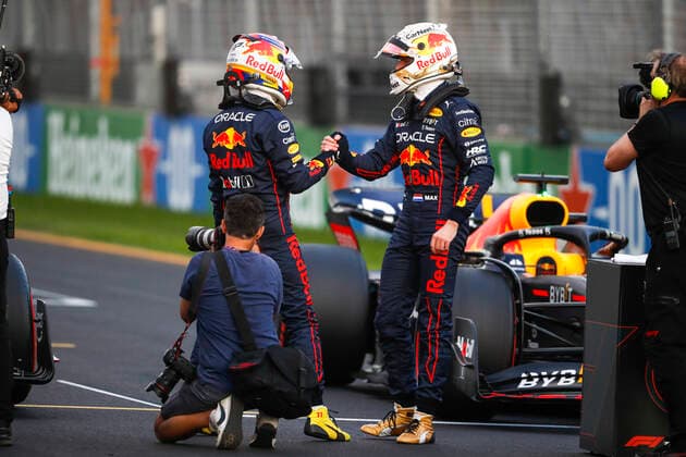 11 Sergio Perez (MEX, Oracle Red Bull Racing), 1 Max Verstappen (NLD, Oracle Red Bull Racing), F1 Grand Prix of Australia at Melbourne Grand Prix Circuit on April 9, 2022 in Melbourne, Australia. (Photo by HOCH ZWEI) Melbourne Australia