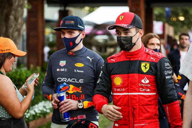 VERSTAPPEN Max (ned), Red Bull Racing RB18, LECLERC Charles (mco), Scuderia Ferrari F1-75, portrait during the Formula 1 Heineken Australian Grand Prix 2022, 3rd round of the 2022 FIA Formula One World Championship, WM, Weltmeisterschaft on the Albert Park Circuit, from April 8 to 10, 2022 in Melbourne, Australia - F1 - AUSTRALIAN GRAND PRIX 2022 DPPI Panoramic 20220409_GOOD6993