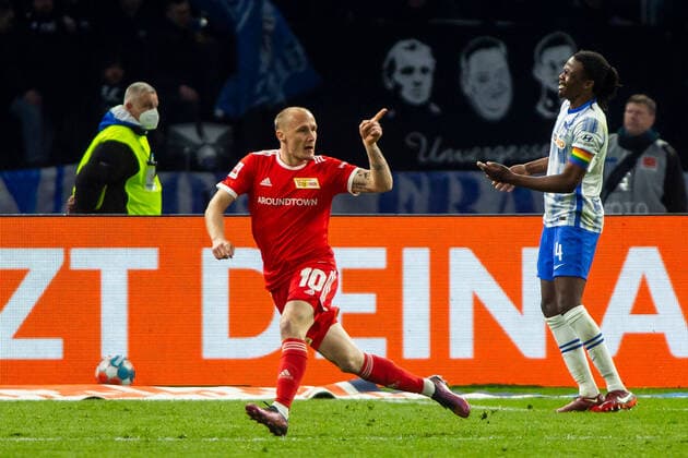09.04.2022, xfrx, Fussball 1.Bundesliga, Hertha BSC Berlin - Union Berlin emspor, v.l. Sven Michel (Union Berlin) celebrate the goal,Torjubel zum 1:4 (DFL DFB REGULATIONS PROHIBIT ANY USE OF PHOTOGRAPHS as IMAGE SEQUENCES and or QUASI-VIDEO) Berlin