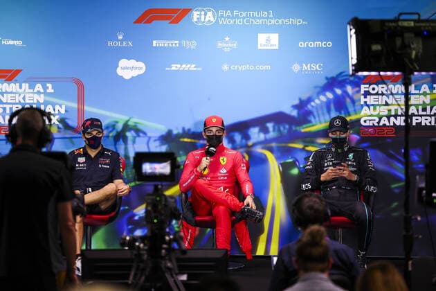 PEREZ Sergio (mex), Red Bull Racing RB18, LECLERC Charles (mco), Scuderia Ferrari F1-75, RUSSELL George (gbr), Mercedes AMG F1 Team W13, portrait, post race press conference, PK, Pressekonferenz during the Formula 1 Heineken Australian Grand Prix 2022, 3rd round of the 2022 FIA Formula One World Championship, WM, Weltmeisterschaft on the Albert Park Circuit, from April 8 to 10, 2022 in Melbourne, Australia - F1 - AUSTRALIAN GRAND PRIX 2022 - RACE DPPI Panoramic 00122009_GOOD9295.JPG_