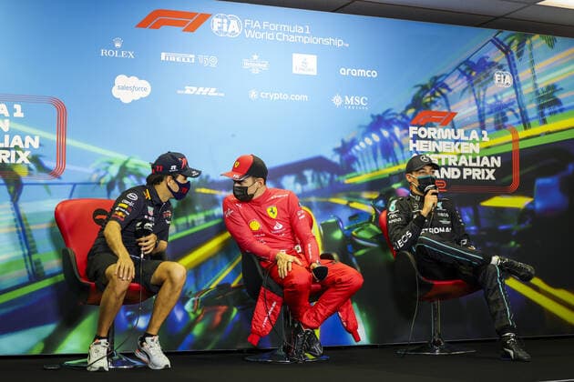 PEREZ Sergio (mex), Red Bull Racing RB18, LECLERC Charles (mco), Scuderia Ferrari F1-75, RUSSELL George (gbr), Mercedes AMG F1 Team W13, portrait, post race press conference, PK, Pressekonferenz during the Formula 1 Heineken Australian Grand Prix 2022, 3rd round of the 2022 FIA Formula One World Championship, WM, Weltmeisterschaft on the Albert Park Circuit, from April 8 to 10, 2022 in Melbourne, Australia - F1 - AUSTRALIAN GRAND PRIX 2022 - RACE DPPI Panoramic 00122009_GOOD9393.JPG_