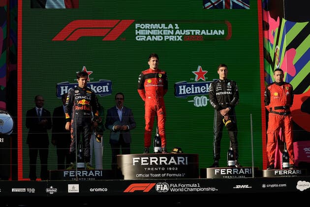 FORMULA 1 ROLEX AUSTRALIAN GRAND PRIX 2022 10.04.2022, Albert-Park, Melbourne, FORMULA 1 ROLEX AUSTRALIAN GRAND PRIX 2022 , im Bild Podium: 2.Platz für Sergio Perez (MEX), Oracle Red Bull Racing, Sieger Charles Leclerc (MCO), Scuderia Ferrari, 3.Platz für George Russel (GBR), Mercedes-AMG Petronas Formula One Team