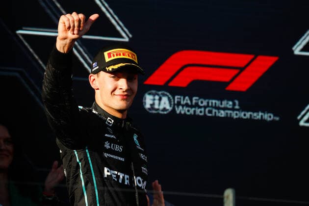 RUSSELL George (gbr), Mercedes AMG F1 Team W13, portrait podium during the Formula 1 Heineken Australian Grand Prix 2022, 3rd round of the 2022 FIA Formula One World Championship, WM, Weltmeisterschaft on the Albert Park Circuit, from April 8 to 10, 2022 in Melbourne, Australia - F1 - AUSTRALIAN GRAND PRIX 2022 - RACE DPPI Panoramic  00122009__V2_0947