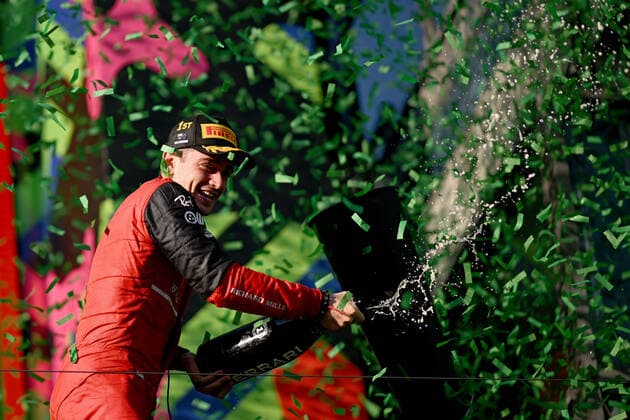 10th April 2022, Albert Park, Melbourne, Australia; FIA Formula 1 Australian Grand Prix, Race Day: Charles Leclerc of Monaco drives the number 16 Ferrari F1-75 celebrates winning the Australian Grand Prix  ActionPlus12377922 MorganxHancock