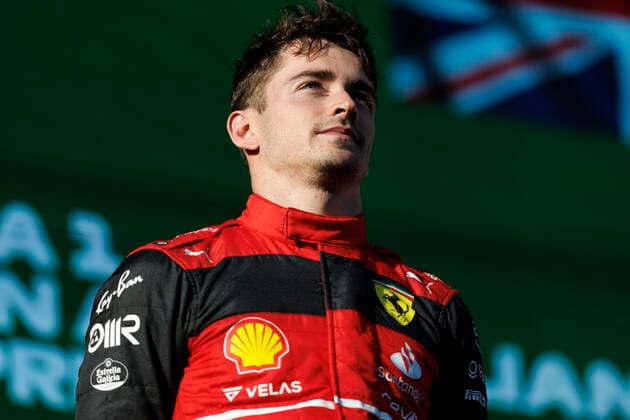 10th April 2022, Albert Park, Melbourne, Australia; FIA Formula 1 Australian Grand Prix, Race Day: Scuderia Ferrari driver Charles Leclerc on the podium after he wins the race at the Australian Formula 1 Grandprix  ActionPlus12378055 StephenxBlackberry