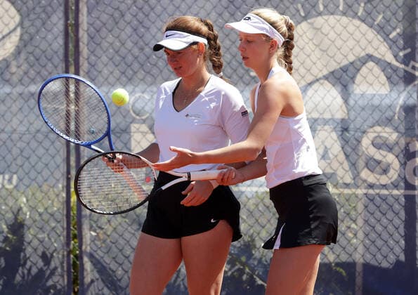 TENNIS - Billie Jean King Cup 2022 ANTALYA,TURKEY,12.APR.22 - TENNIS - Billie Jean King Cup, Europe Africa Group I. Image shows Melanie Klaffner and Sinja Kraus (AUT).  GEPAxpictures xWalterxLuger