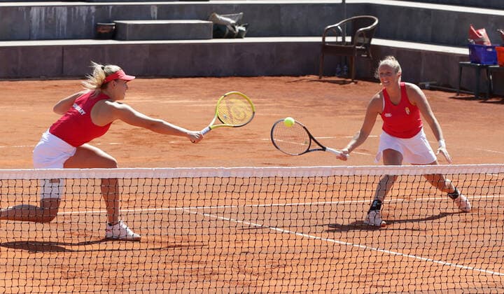 TENNIS - Billie Jean King Cup 2022 ANTALYA,TURKEY,12.APR.22 - TENNIS - Billie Jean King Cup, Europe Africa Group I. Image shows Dalma Galfi and Reka Luca Jani (HUN).  GEPAxpictures xWalterxLuger