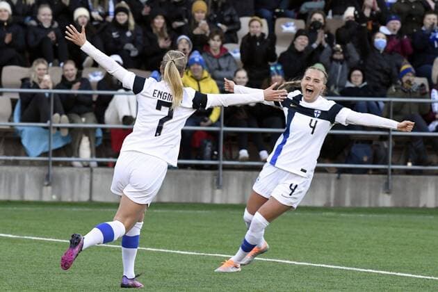 Adelina Engman (L) and Ria Öling of Finland celebrate a goal during the FIFA Women s World Cup UEFA group A qualifying match between Finland and Georgia in Helsinki, Finland, on April 12, 2022. Helsinki Finland LKFTJK20220412185335YZNB  Copyright: xJussixNukarix