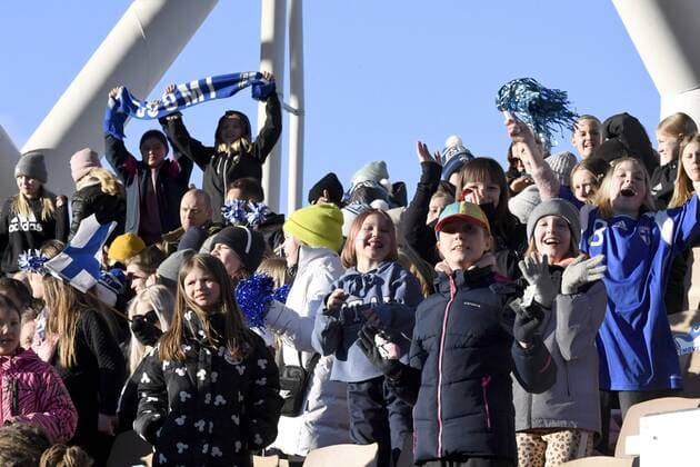 Young Finnish fans cheer during the FIFA Women s World Cup UEFA group A qualifying match between Finland and Georgia in Helsinki, Finland, on April 12, 2022. Helsinki Finland LKFTJK20220412185918ODOX  Copyright: xJussixNukarix