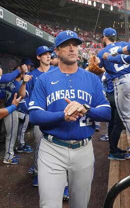 Kansas City Royals manager Mike Matheny walks the dugout prior to a game against the St. Louis Cardinals at Busch Stadium in St. Louis on Tuesday, April 12, 2022.  SLP2022041217 BILLxGREENBLATT