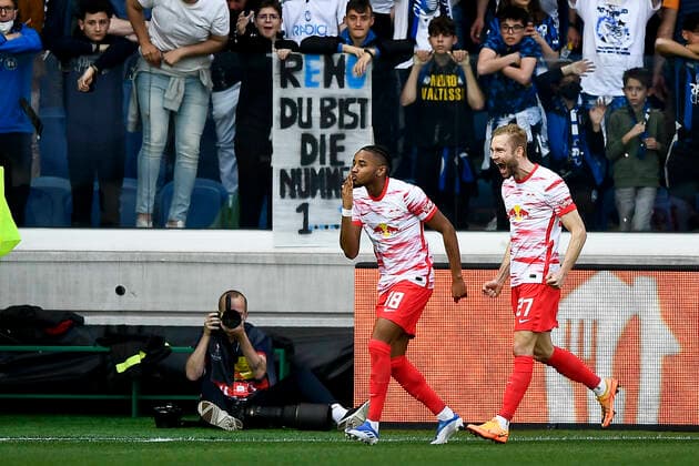 Fußball, EL, Atalanta Bergamo - RB Leipzig Atalanta BC v RB Leipzig - UEFA Europa League Christopher Nkunku of RB Leipzig celebrates after scoring a goal during the UEFA Europa League quarter final second leg football match between Atalanta BC and RB Leipzig. Bergamo Italy Copyright: xNicolòxCampox