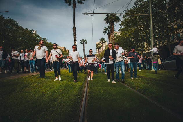 April 14, 2022, Barcelona, Catalonia, Spain: Fans of Eintracht Frankfurt shout slogans as they march to BarcelonaÃ¢â‚¬â ¢s Camp Nou Stadium for their Europa League Quartel Final 2nd leg against the FC Barcelona, Barca Barcelona Spain - ZUMAo105 20220414_zap_o105_002 Copyright: xMatthiasxOesterlex