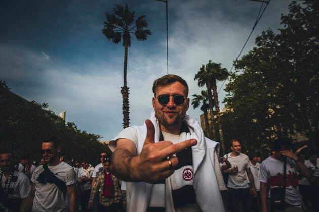 April 14, 2022, Barcelona, Catalonia, Spain: Fans of Eintracht Frankfurt shout slogans as they march to BarcelonaÃ¢â‚¬â ¢s Camp Nou Stadium for their Europa League Quartel Final 2nd leg against the FC Barcelona, Barca Barcelona Spain - ZUMAo105 20220414_zap_o105_008 Copyright: xMatthiasxOesterlex