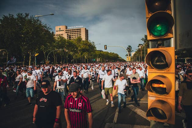 April 14, 2022, Barcelona, Catalonia, Spain: Fans of Eintracht Frankfurt shout slogans as they march to BarcelonaÃ¢â‚¬â ¢s Camp Nou Stadium for their Europa League Quartel Final 2nd leg against the FC Barcelona, Barca Barcelona Spain - ZUMAo105 20220414_zap_o105_012 Copyright: xMatthiasxOesterlex