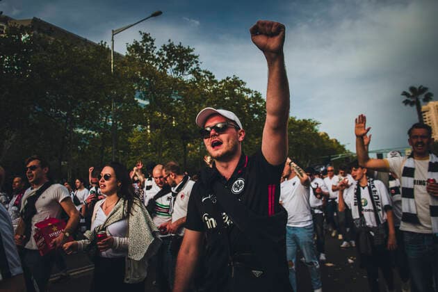 April 14, 2022, Barcelona, Catalonia, Spain: Fans of Eintracht Frankfurt shout slogans as they march to BarcelonaÃ¢â‚¬â ¢s Camp Nou Stadium for their Europa League Quartel Final 2nd leg against the FC Barcelona, Barca Barcelona Spain - ZUMAo105 20220414_zap_o105_013 Copyright: xMatthiasxOesterlex
