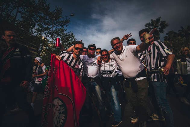 April 14, 2022, Barcelona, Catalonia, Spain: Fans of Eintracht Frankfurt shout slogans as they march to BarcelonaÃ¢â‚¬â ¢s Camp Nou Stadium for their Europa League Quartel Final 2nd leg against the FC Barcelona, Barca Barcelona Spain - ZUMAo105 20220414_zap_o105_014 Copyright: xMatthiasxOesterlex
