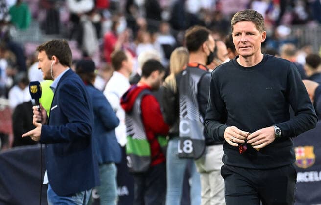 14.04.2022, xjhx, Fussball UEFA Europa League, FC Barcelona, Barca - Eintracht Frankfurt emspor, v.l. Trainer Oliver Glasner (Eintracht Frankfurt) zautz (DFL DFB REGULATIONS PROHIBIT ANY USE OF PHOTOGRAPHS as IMAGE SEQUENCES and or QUASI-VIDEO) Barcelona