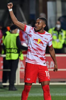 April 14, 2022, BERGAMO, Italia: Leipzig s Chrisopher Nkunku celebrates after goal 0-2 during the UEFA Europa League quarter final, second leg soccer match between Atalanta BC and RB Leipzig at the Bergamo Stadium in Bergamo, Italy, 14 April 2022..ANSA PAOLO MAGNI Soccer: Europa League; Atalanta-Leipzig  - ZUMAa110 20220414_zaf_a110_047 Copyright: xPaoloxMagnix