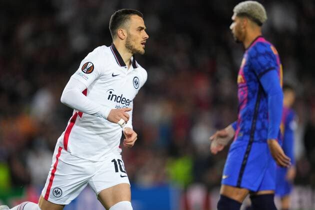 Mandatory Credit: Photo by Bagu Blanco Pressinphoto Shutterstock (12895065e) Filia Kostic of Eintracht Frankfurt celebrates his goal FC Barcelona, Barca v Eintracht Frankfurt, UEFA Europa League, Quarter Final. Football, Camp Nou Stadium, Barcelona, Spain - 14 Apr 2022 Editorial use only FC Barcelona v Eintracht Frankfurt, UEFA Europa League, Quarter Final. Football, Camp Nou Stadium, Barcelona, Spain - 14 Apr 2022 Editorial use only  Copyright: xBaguxBlanco Pressinphoto Shutterstockx 12895065e