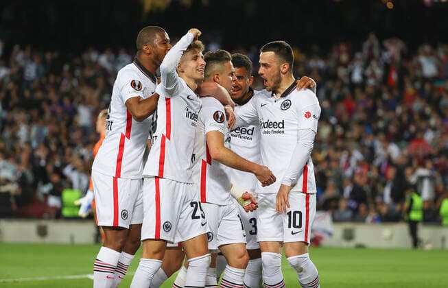 14.04.2022, Fussball UEFA Europa League, FC Barcelona, Barca - Eintracht Frankfurt, emonline, emspor, v.l., Torjubel zum 0:2 durch Rafael Borre (Eintracht Frankfurt), Goal celebration, celebrate the goal DFL DFB REGULATIONS PROHIBIT ANY USE OF PHOTOGRAPHS AS IMAGE SEQUENCES AND OR QUASI-VIDEO. xdcx Copyright: HMBxMedia