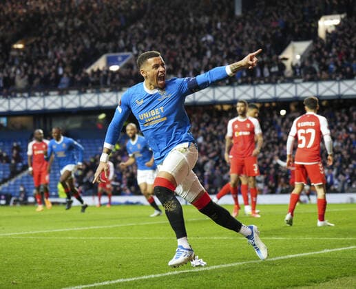 Mandatory Credit: Photo by Stuart Wallace Shutterstock (12893325ah) Rangers Captain James Tavernier celebrates scoring give Rangers a 1-0 lead (agg. 1-1). Rangers v Braga, UEFA Europa League, Quarter Final, Second Leg, Football, Ibrox Stadium, Glasgow, UK - 14 Apr 2022 EDITORIAL USE ONLY No use with unauthorised audio, video, data, fixture lists, club league logos or live services. Online in-match use limited to 120 images, no video emulation. No use in betting, games or single club league player publications. Rangers v Braga, UEFA Europa League, Quarter Final, Second Leg, Football, Ibrox Stadium, Glasgow, UK - 14 Apr 2022 EDITORIAL USE ONLY No use with unauthorised audio, video, data, fixture lists, club league logos or live services. Online in-match use limited to 120 images, no video emulation. No use in betting, games or single club league player publications. Copyright: xStuartxWallace Shutterstockx 12893325ah