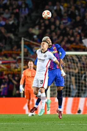 April 14, 2022, Barcelona, Spain: Rafael Borre of Eintracht Frankfurt in action with Araujo of FC Barcelona, Barca during the UEFA Europa League Quarter Final Leg Two match between FC Barcelona and Eintracht Frankfurt at Camp Nou in Barcelona Barcelona Spain - ZUMAd159 20220414_zia_d159_054 Copyright: xGerardxFrancox