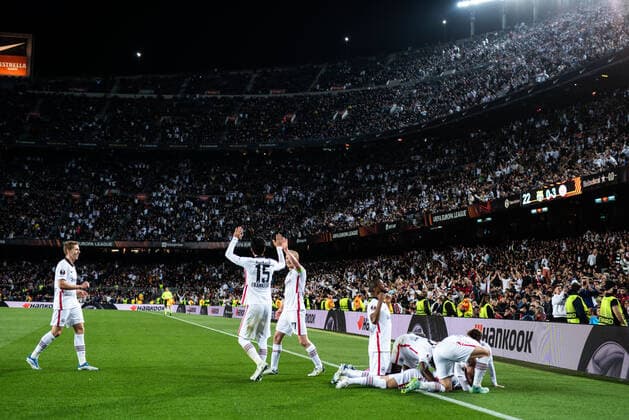 April 14, 2022, BARCELONA, BARCELONA, SPAIN: Filip Kostic of Frankfurt celebrates a goal during the Europa League football match played between FC Barcelona, Barca and Frankfurt at Camp Nou stadium on April 14, 2022, in Barcelona, Spain. BARCELONA SPAIN - ZUMAa181 20220414_zaa_a181_016 Copyright: xMarcxGrauperaxAlomax