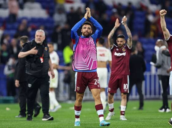 Mandatory Credit: Photo by Simon Dael Shutterstock (12893327ew) Ryan Fredericks of West Ham United celebrates at full time Olympique Lyonnais v West Ham United, UEFA Europa League, Quarter Final, Second Leg, Football, Groupama Stadium, Lyon, France - 14 Apr 2022 EDITORIAL USE ONLY No use with unauthorised audio, video, data, fixture lists, club league logos or live services. Online in-match use limited to 120 images, no video emulation. No use in betting, games or single club league player publications. Olympique Lyonnais v West Ham United, UEFA Europa League, Quarter Final, Second Leg, Football, Groupama Stadium, Lyon, France - 14 Apr 2022 EDITORIAL USE ONLY No use with unauthorised audio, video, data, fixture lists, club league logos or live services. Online in-match use limited to 120 images, no video emulation. No use in betting, games or single club league player publications. Copyright: xSimonxDael Shutterstockx 12893327ew