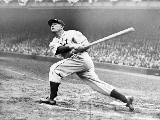 DETROIT - APRIL, 1936. Al Simmons, outfielder for the Detroit Tigers, takes a mighty cut in the team s home opener at Briggs Stadium in April of 1936. MLB, Baseball Herren, USA Archive Icon208543770
