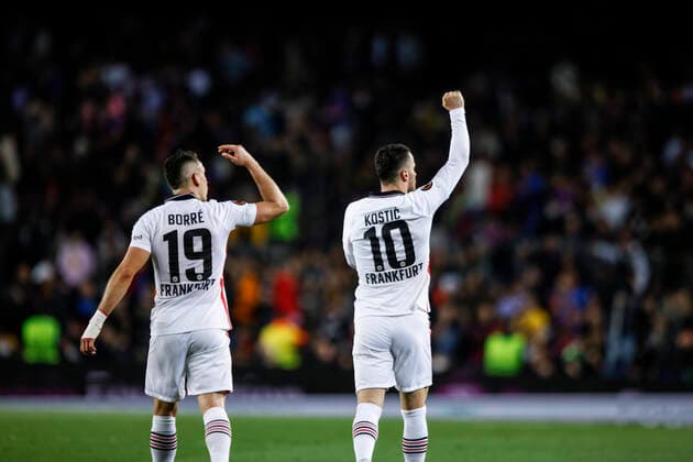 FC Barcelona, Barca V Eintracht Frankfurt - Europa League 10 Filip Kostic of Eintracht Frankfurt celebrates his goal with 19 Rafael Borre of Eintracht Frankfurt during the second leg quarter finals of Europa League match between FC Barcelona and Eintracht Frankfurt at Camp Nou Stadium on April 14, 2022 in Barcelona, Spain. Barcelona Spain  Copyright: xXavierxBonillax originalFilename:bonilla-fcbarcel220414_np2kR.jpg
